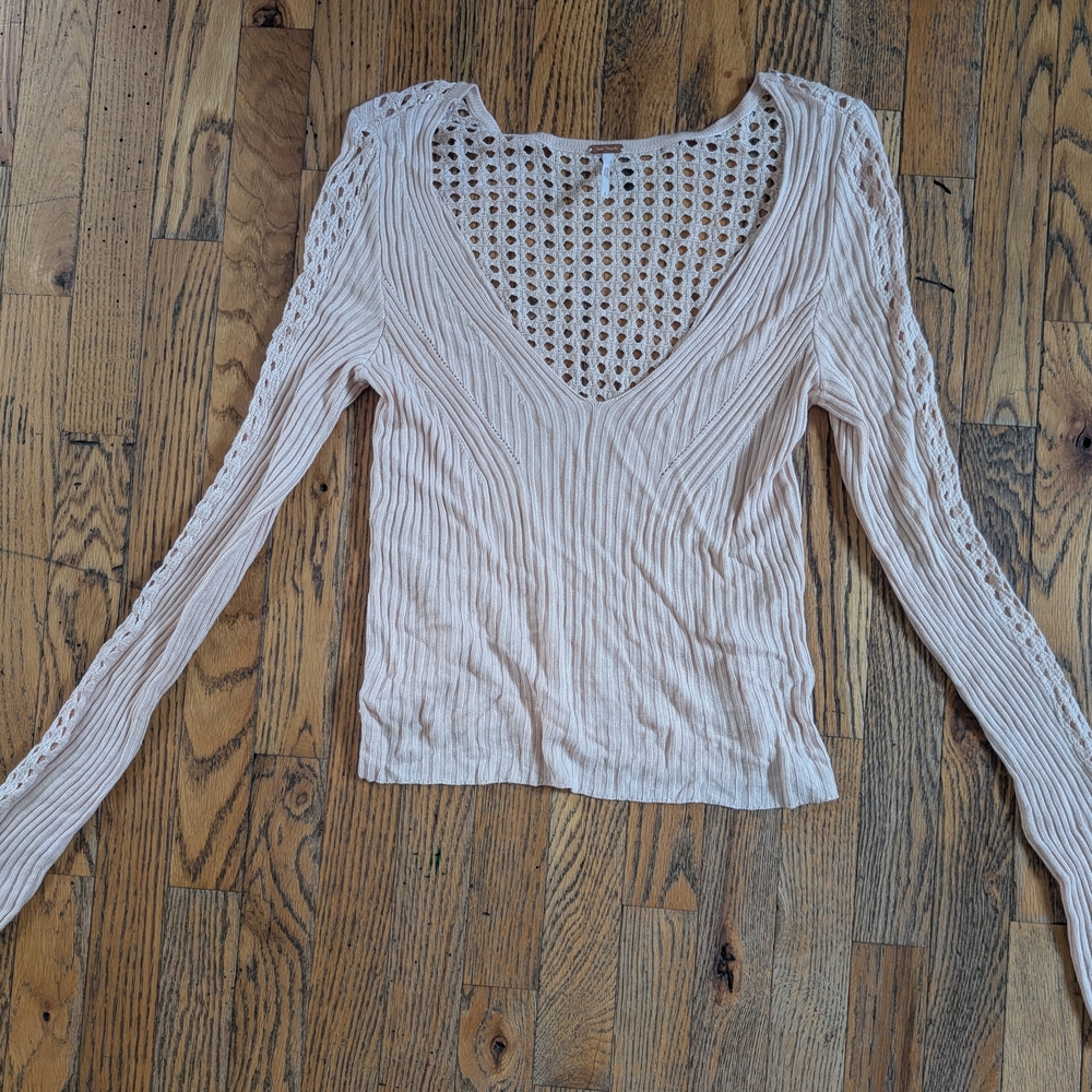 Free People Cream Knit Blouse with Lace Sleeves